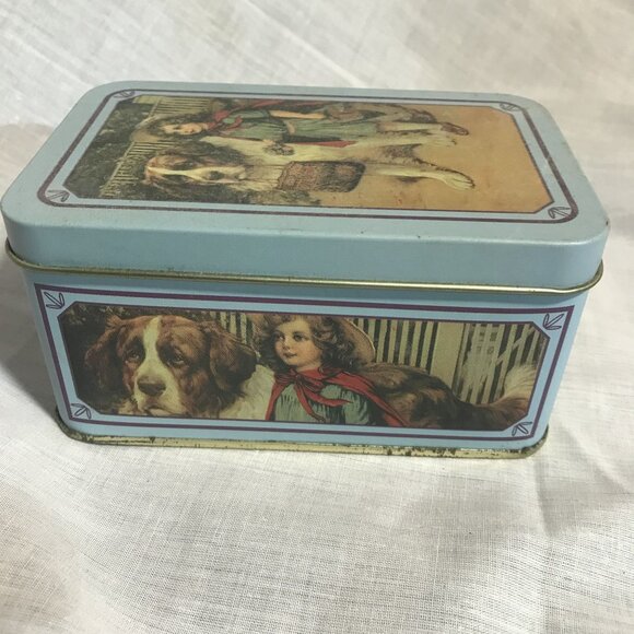 Vintage Tin Box With Girl & St. Bernard Dog Print Blue Trim Nostalgic 5" X 3 " - Picture 5 of 9